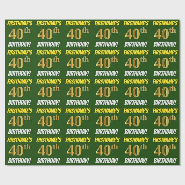 Papel De Regalo Green, Faux/Imitation Gold, "40th BIRTHDAY" (Superficie plana)