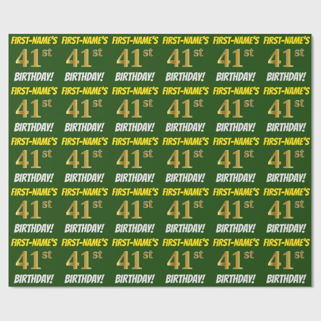Papel De Regalo Green, Faux/Imitation Gold, "41st BIRTHDAY" (Superficie plana)