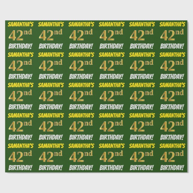 Papel De Regalo Green, Faux/Imitation Gold, "42nd BIRTHDAY" (Superficie plana)