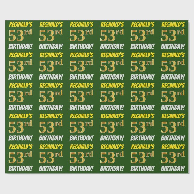 Papel De Regalo Green, Faux/Imitation Gold, "53rd BIRTHDAY" (Superficie plana)