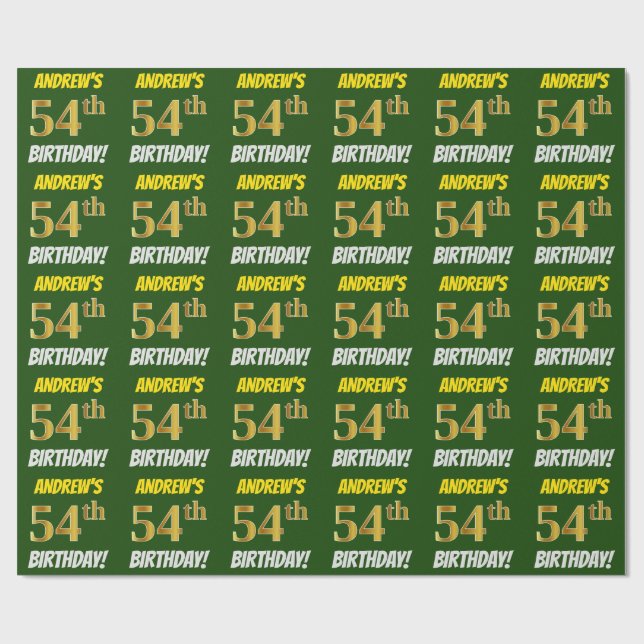 Papel De Regalo Green, Faux/Imitation Gold, "54th BIRTHDAY" (Superficie plana)