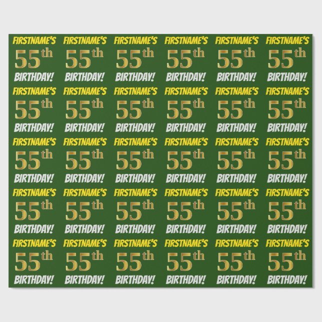 Papel De Regalo Green, Faux/Imitation Gold, "55th BIRTHDAY" (Superficie plana)