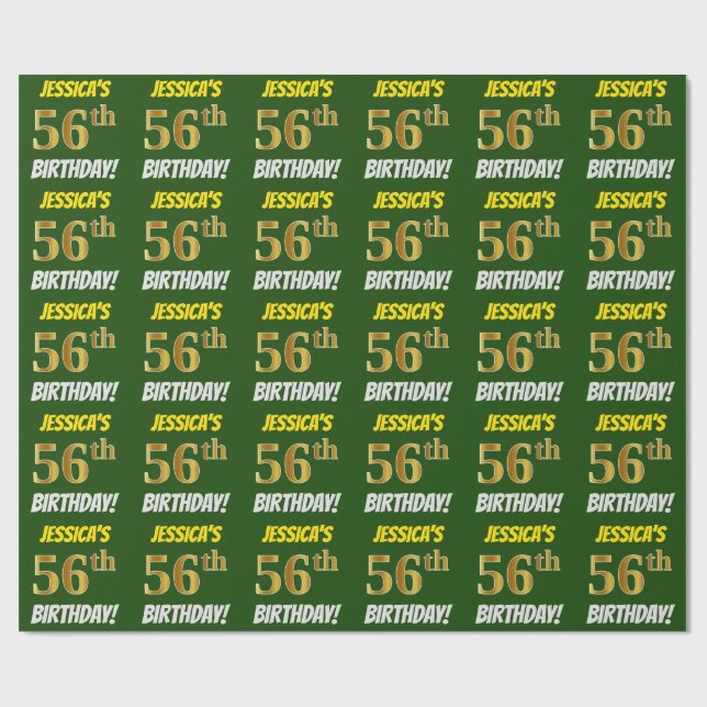 Papel De Regalo Green, Faux/Imitation Gold, "56th BIRTHDAY" (Superficie plana)