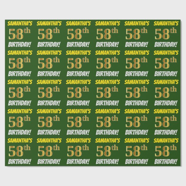 Papel De Regalo Green, Faux/Imitation Gold, "58th BIRTHDAY" (Superficie plana)