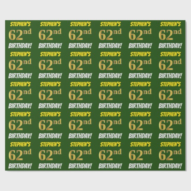 Papel De Regalo Green, Faux/Imitation Gold, "62nd BIRTHDAY" (Superficie plana)