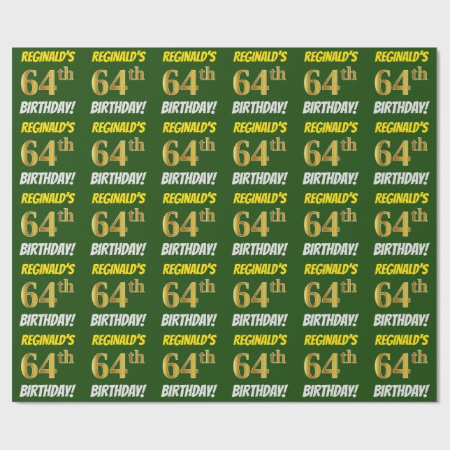 Papel De Regalo Green, Faux/Imitation Gold, "64th BIRTHDAY" (Superficie plana)