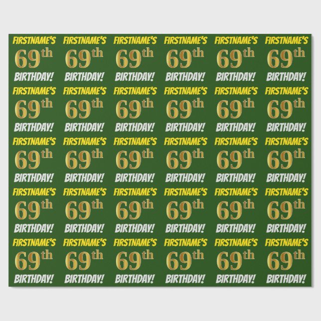 Papel De Regalo Green, Faux/Imitation Gold, "69th BIRTHDAY" (Superficie plana)