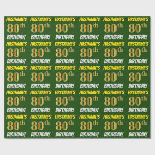 Papel De Regalo Green, Faux/Imitation Gold, "80th BIRTHDAY"