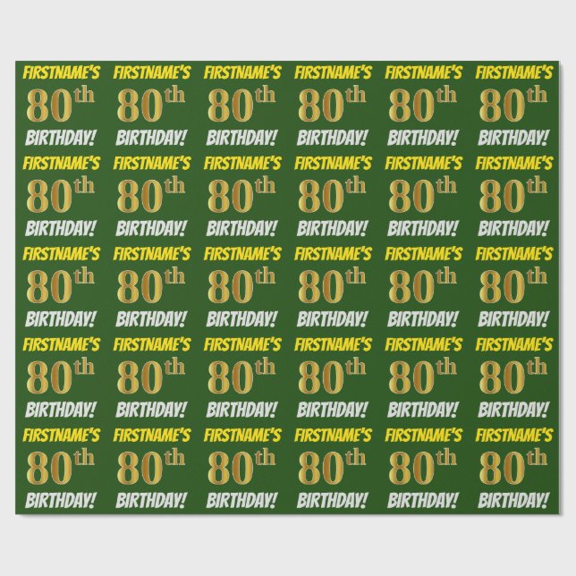 Papel De Regalo Green, Faux/Imitation Gold, "80th BIRTHDAY" (Superficie plana)