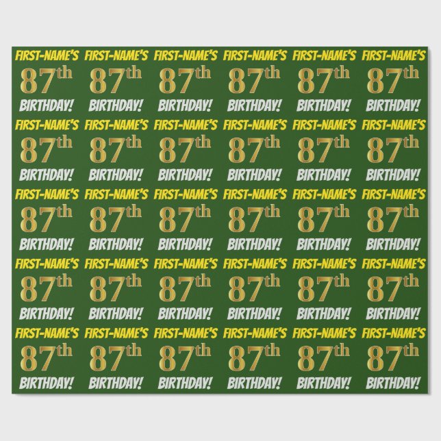 Papel De Regalo Green, Faux/Imitation Gold, "87th BIRTHDAY" (Superficie plana)