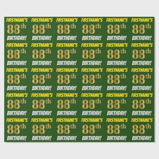 Papel De Regalo Green, Faux/Imitation Gold, "88th BIRTHDAY" (Superficie plana)