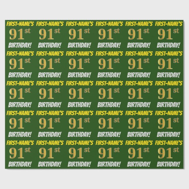 Papel De Regalo Green, Faux/Imitation Gold, "91st BIRTHDAY" (Superficie plana)