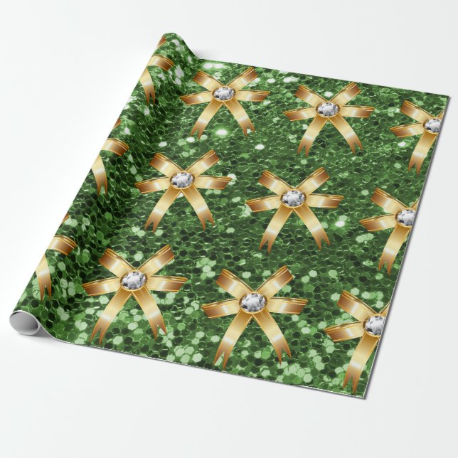 Papel De Regalo Green Faux Purpurina Gold Diamond Bows (Desenrollado)