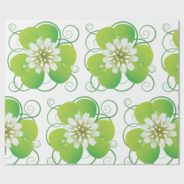 Papel De Regalo Green Four Leaf Clover with White Floral Bloom (Superficie plana)