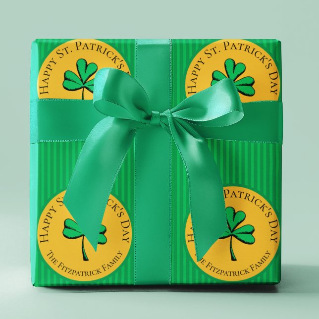 Papel De Regalo Green & Gold Happy St Patrick's Day Green Striped (Green and Gold Happy St. Patrick's Day Green Stripes with Good Luck Green Clover and Editable Text.)