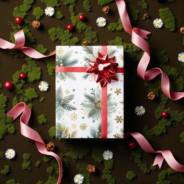Papel De Regalo Green Gold Snowflake Holiday acuarela de lujo (Subido por el creador)