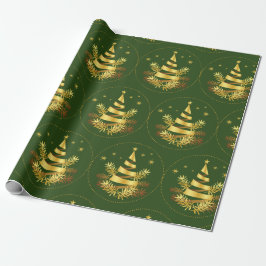 Papel De Regalo Green Golden Leaves Stars Christmas Tree