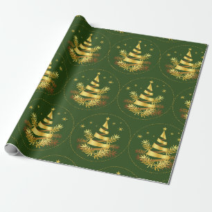 Papel De Regalo Green Golden Leaves Stars Christmas Tree