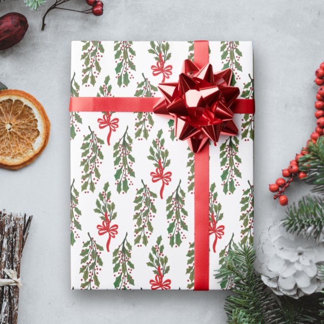 Papel De Regalo Green Holly Garland con los Navidades de los arcos (Christmas holiday gift wrapping paper with a pattern of green holly sprigs and red looping bows)