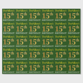 Papel De Regalo Green, Imitation Gold Look "15th BIRTHDAY"