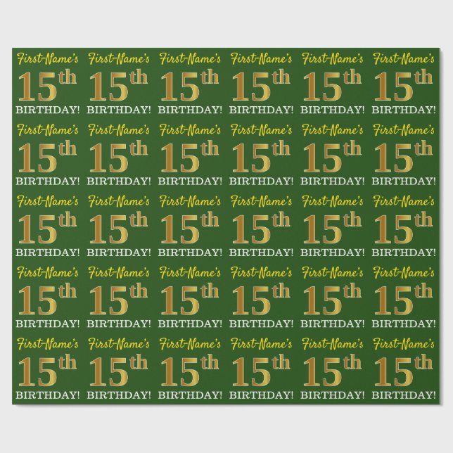 Papel De Regalo Green, Imitation Gold Look "15th BIRTHDAY" (Superficie plana)