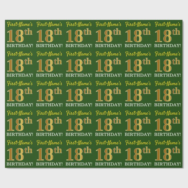 Papel De Regalo Green, Imitation Gold Look "18th BIRTHDAY" (Superficie plana)