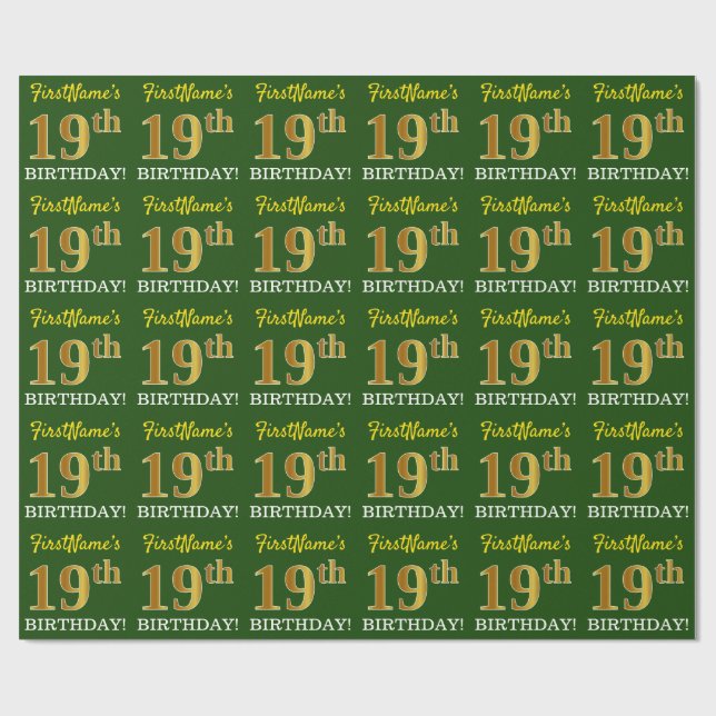 Papel De Regalo Green, Imitation Gold Look "19th BIRTH" (Superficie plana)