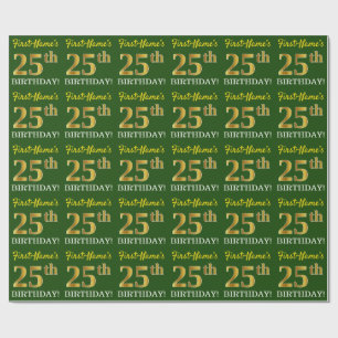 Papel De Regalo Green, Imitation Gold Look "25th BIRTHDAY"