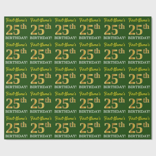 Papel De Regalo Green, Imitation Gold Look "25th BIRTHDAY" (Superficie plana)