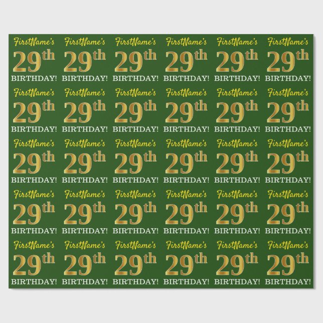 Papel De Regalo Green, Imitation Gold Look "29th BIRTHDAY" (Superficie plana)