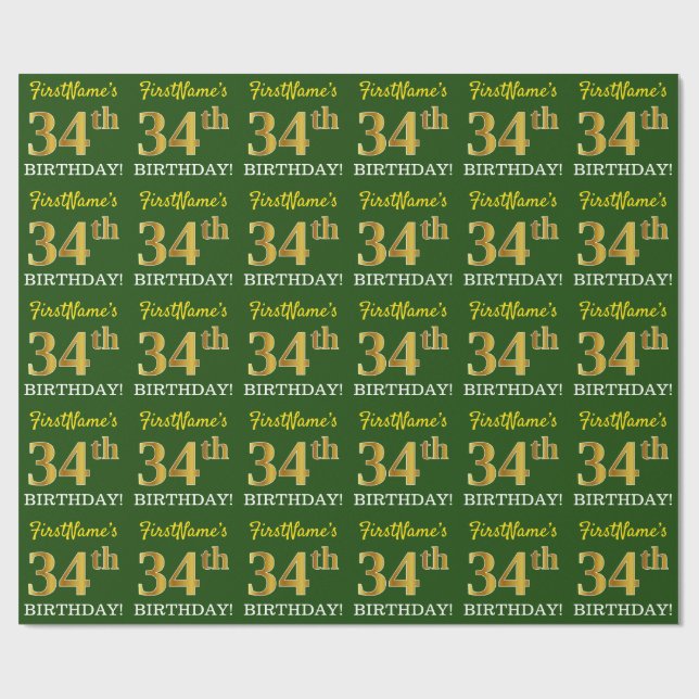 Papel De Regalo Green, Imitation Gold Look "34th BIRTHDAY" (Superficie plana)