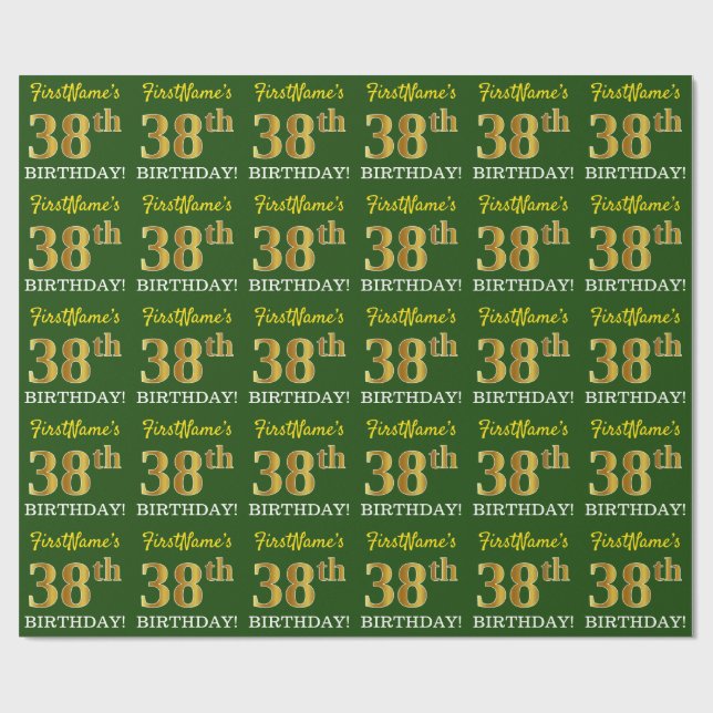 Papel De Regalo Green, Imitation Gold Look "38th BIRTHDAY" (Superficie plana)