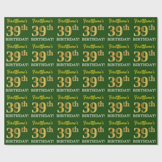 Papel De Regalo Green, Imitation Gold Look "39th BIRTHDAY" (Superficie plana)