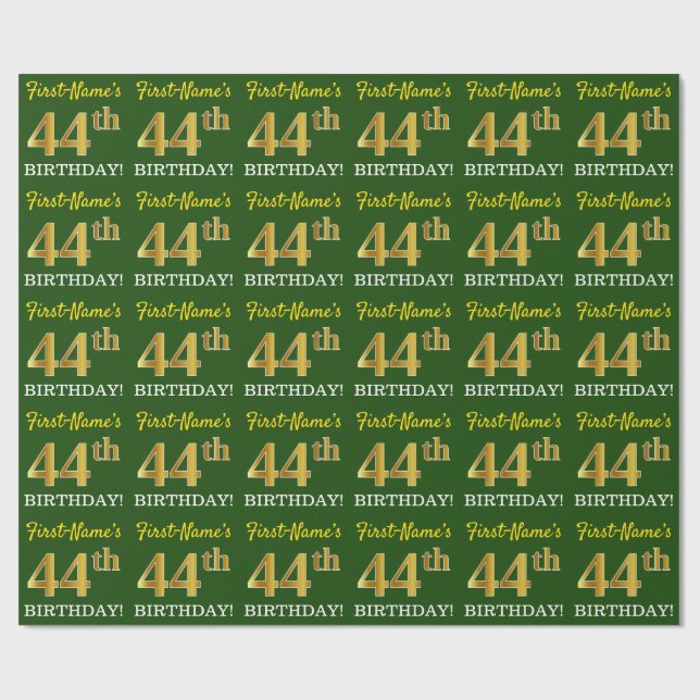 Papel De Regalo Green, Imitation Gold Look "44th BIRTHDAY" (Superficie plana)
