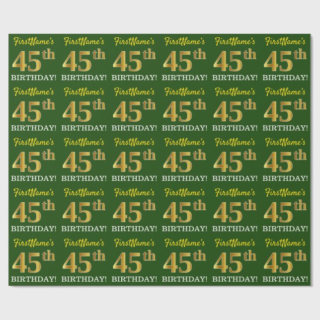 Papel De Regalo Green, Imitation Gold Look "45th BIRTHDAY" (Superficie plana)