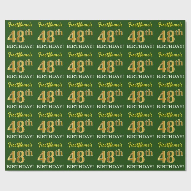 Papel De Regalo Green, Imitation Gold Look "48th BIRTHDAY" (Superficie plana)