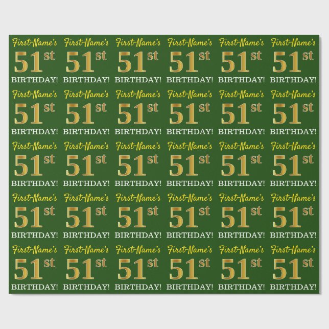 Papel De Regalo Green, Imitation Gold Look "51st BIRTHDAY" (Superficie plana)