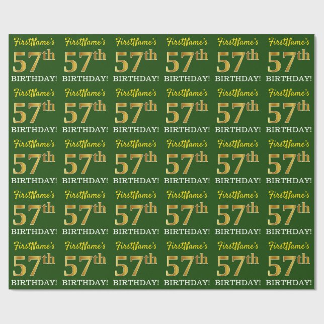 Papel De Regalo Green, Imitation Gold Look "57th BIRTHDAY" (Superficie plana)