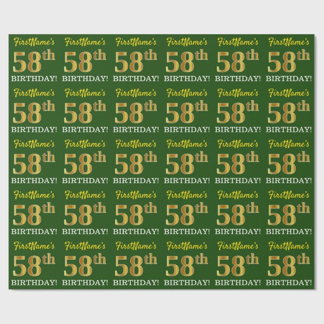 Papel De Regalo Green, Imitation Gold Look "58th BIRTHDAY" (Superficie plana)
