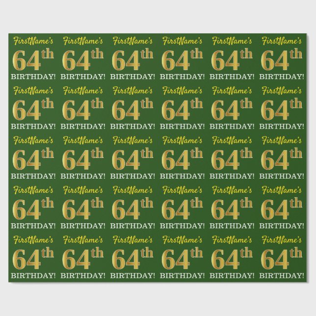 Papel De Regalo Green, Imitation Gold Look "64th BIRTHDAY" (Superficie plana)