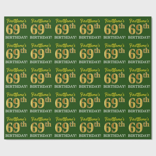 Papel De Regalo Green, Imitation Gold Look "69th BIRTHDAY" (Superficie plana)