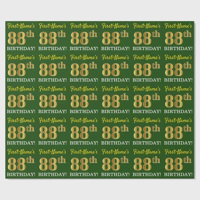Papel De Regalo Green, Imitation Gold Look "88th BIRTHDAY" (Superficie plana)