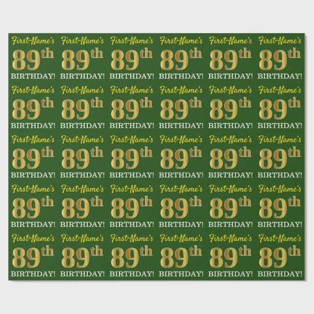 Papel De Regalo Green, Imitation Gold Look "89th BIRTHDAY" (Superficie plana)