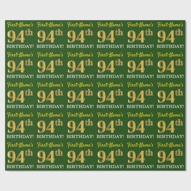 Papel De Regalo Green, Imitation Gold Look "94th BIRTHDAY" (Superficie plana)