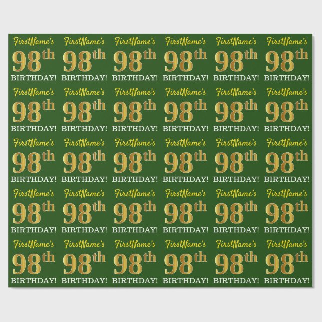 Papel De Regalo Green, Imitation Gold Look "98th BIRTHDAY" (Superficie plana)