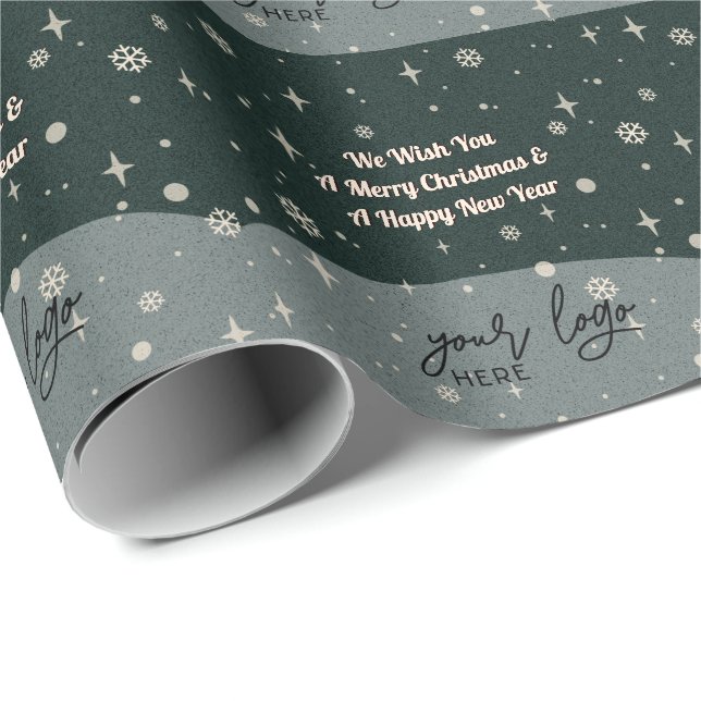 Papel De Regalo Green Merry Christmas Business tu Logo Greetings (Esquina del rollo)