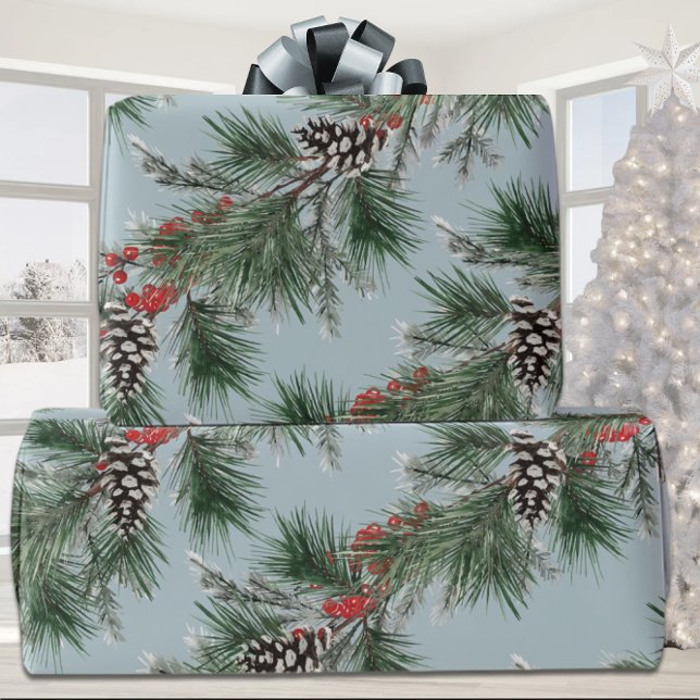 Papel De Regalo Green Pine Spruce Cones Red Berries Garland Blue (Subido por el creador)