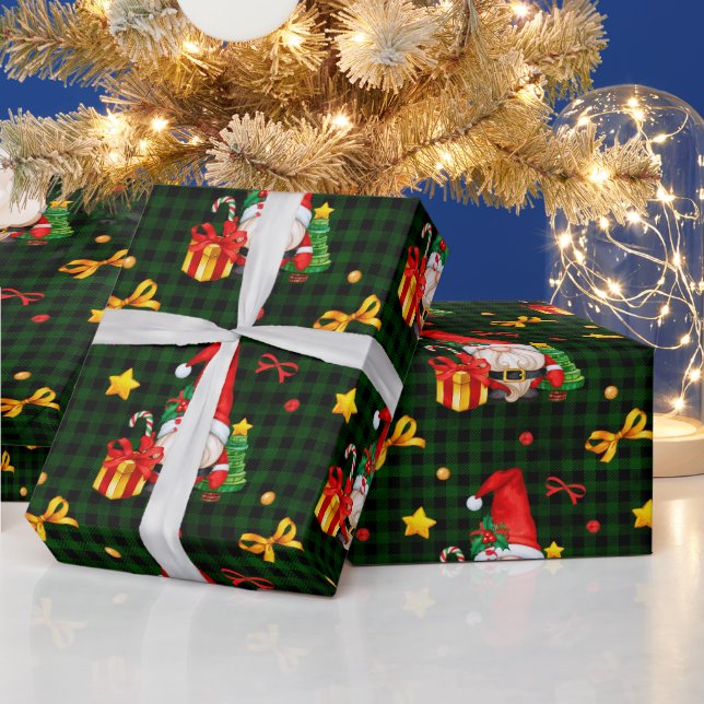 Papel De Regalo Green Plaid Gnome Santa (Vacaciones)