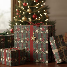 Papel De Regalo Green Plaid Red Gold Poinsettia Christmas Pattern