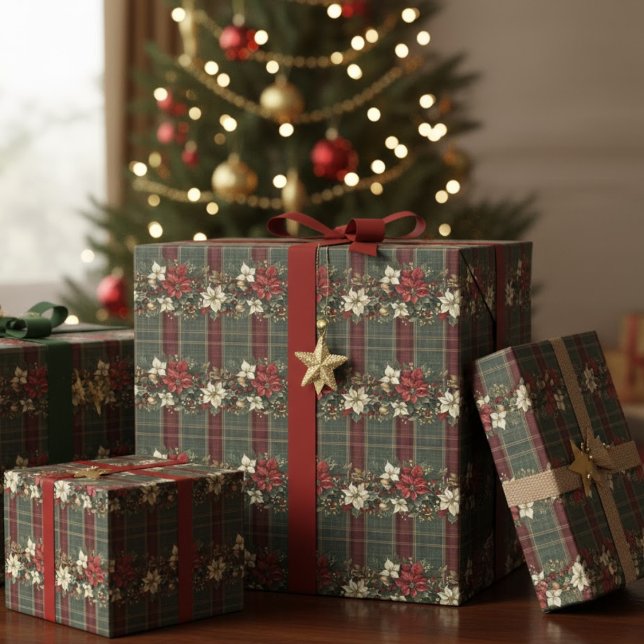 Papel De Regalo Green Plaid Red Gold Poinsettia Christmas Pattern (Subido por el creador)
